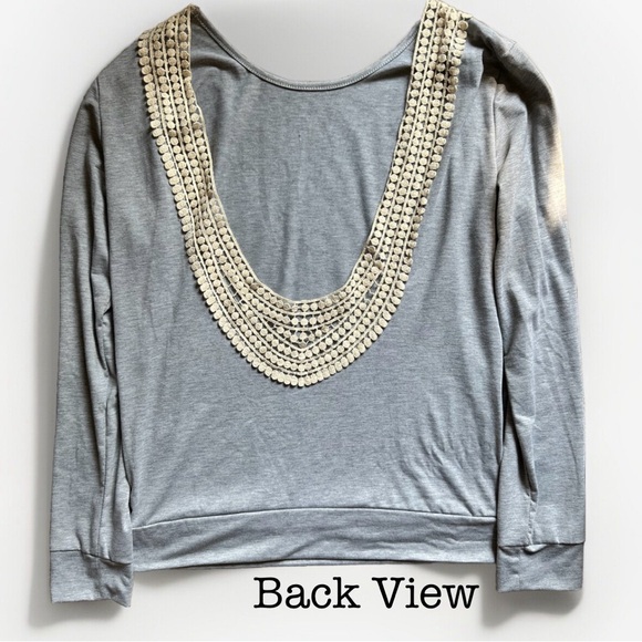 Long sleeve gray open back Top - Ladies Women’s Size Medium m Crochet Design - Picture 1 of 8